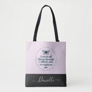 Cute Bible Verse Butterfly Pink Stripes Name Tote Bag