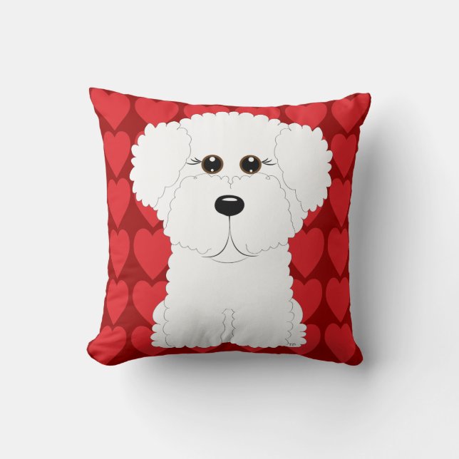 Cute Bichon Frise and Hearts Throw Pillow (Front)