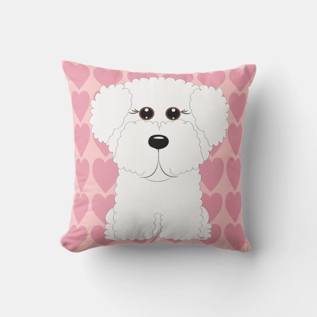 Cute Bichon Frise and Hearts Throw Pillow (Front)