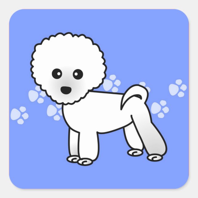 Cute Bichon Frise Cartoon - Blue Square Sticker (Front)