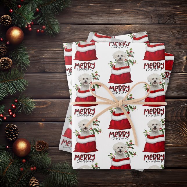 Cute Bichon Frise Dog in Holiday Gift Bag Wrapping Paper Sheet (Creator Uploaded)