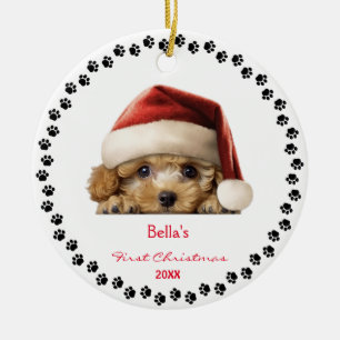 Cute Bichon Frise Dog Santa Hat Paw Personalized  Ceramic Tree Decoration