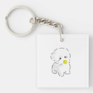 Cute Bichon Frise Dog Wearing Duck Bill Muzzle Key Ring
