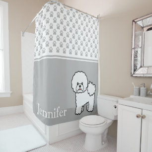 Cute Bichon Frise Dog With Name And Paws Grey Shower Curtain