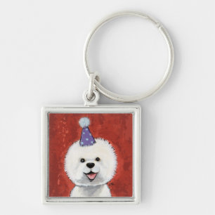 Cute Bichon Frise Party Dog Illustration Key Ring