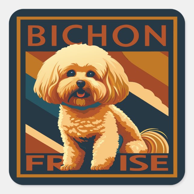Cute Bichon Frise Puppy Dog Retro Poster Style Square Sticker (Front)