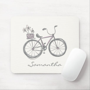 Cute Bicycle Drawing in Lilac Personalised Name Mouse Mat
