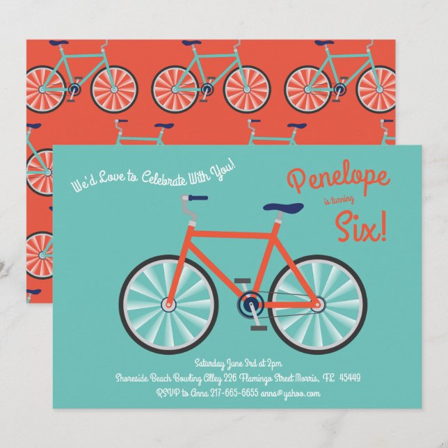 Cute Bicycle Kids Bike Birthday Party Cycling Invitation (Front/Back)
