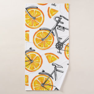 Cute bicycles with orange wheels. Watercolor hand Bath Towel