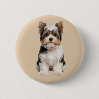 Cute Biewer Biewer Yorkie Puppy Portrait Round Pin