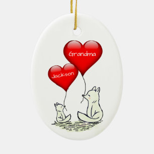 Cute Big and Small Fox with Red Hearts Ceramic Tree Decoration
