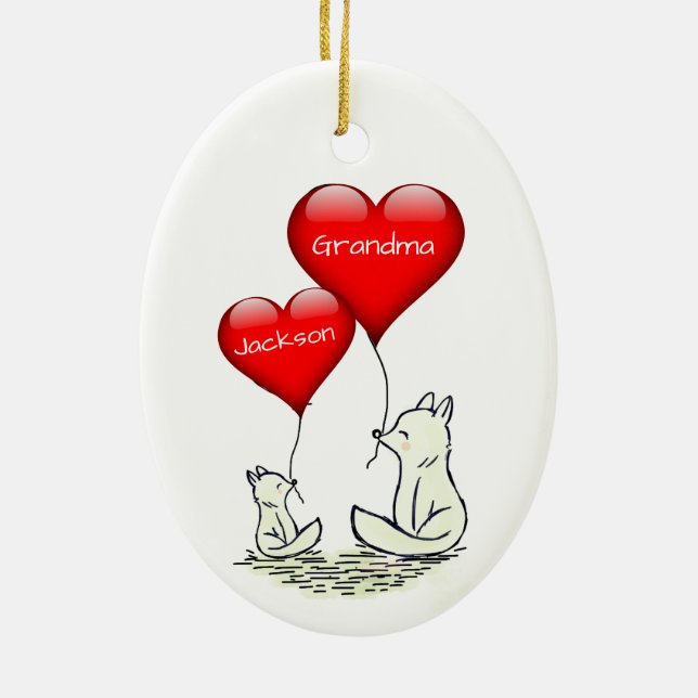Cute Big and Small Fox with Red Hearts Ceramic Tree Decoration (Back)
