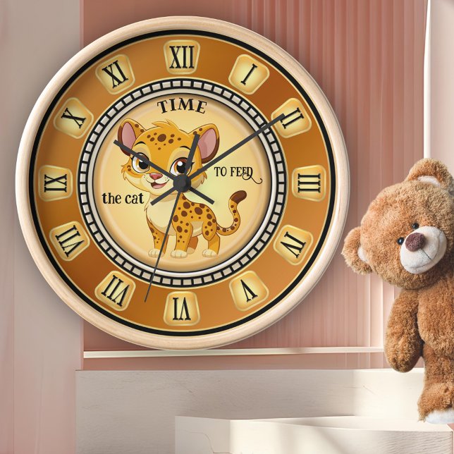 Cute Big Cat Fun Round Clock (Kid's wall clock featuring a cute baby jaguar big cat with roman numerals and your own funny texts)