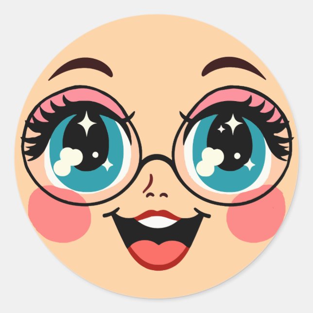 cute big eye cartoon girls glasses Faces art Classic Round Sticker (Front)