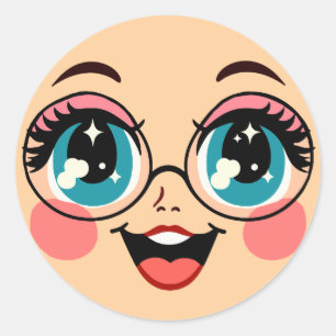 cute big eye cartoon girls glasses Faces art Classic Round Sticker