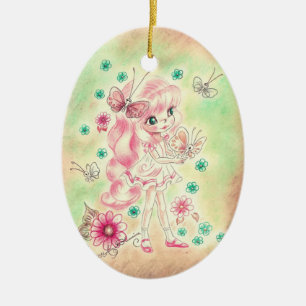 Cute Big Eye Girl with Pink hair & Butterflies Ceramic Tree Decoration