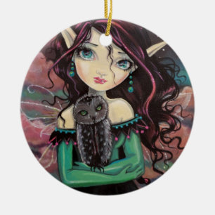 Cute Big-Eye Gothic Fairy and Owl Ceramic Tree Decoration