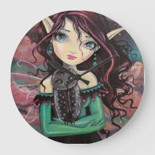 Cute Big-Eye Gothic Fairy and Owl Large Clock