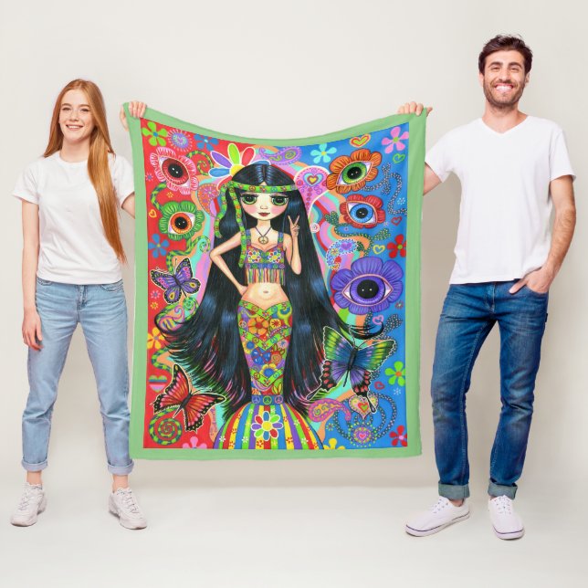 Cute Big Eye Hippie Mermaid Girl Peace Sign 1960s Fleece Blanket (In Situ)