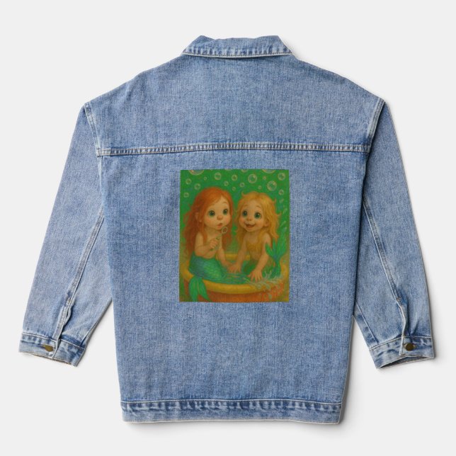 Cute big eye mermaid sisters wading pool fantasy  denim jacket (Back)