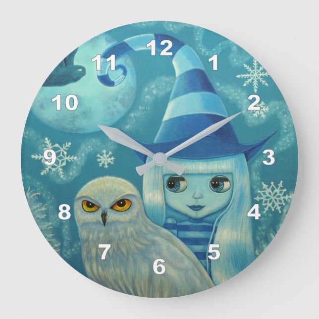 Cute Big Eye Witch Doll Snowy Owl Snowflakes Large Clock (Front)