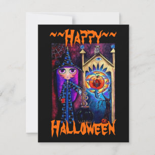 Cute Big Eye Witch with Cauldron & Owl Alchemy Invitation