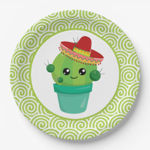 Cute Big-Eyed Cactus in Red Sombrero Paper Plate