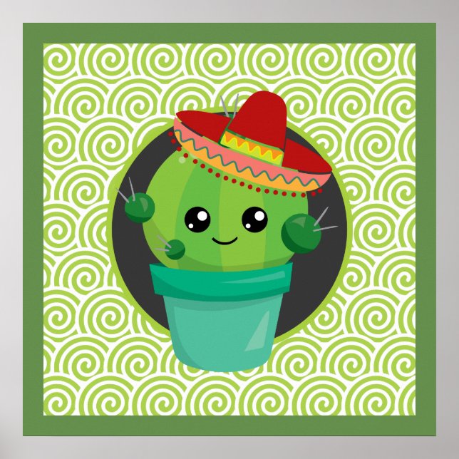 Cute Big-Eyed Cactus in Red Sombrero Poster (Front)