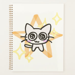 Cute Big-Eyed Cat & Golden Stars Spiral Notebook - Planner