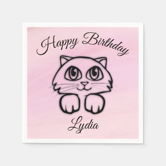 Cute  Big Eyed Cat Peeking Pink Happy Birthday Napkin (Front)