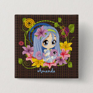 Cute Big Eyed Chibi Dragon Fairy 15 Cm Square Badge