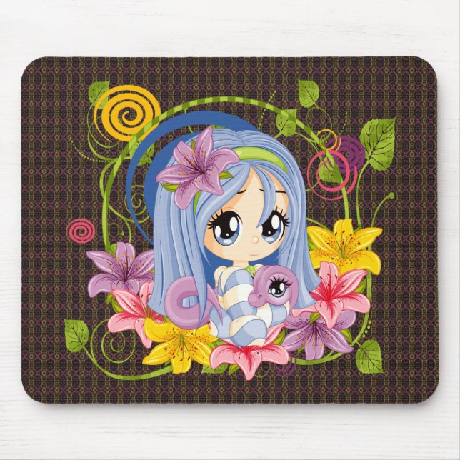 Cute Big Eyed Chibi Dragon Fairy Mouse Mat (Front)