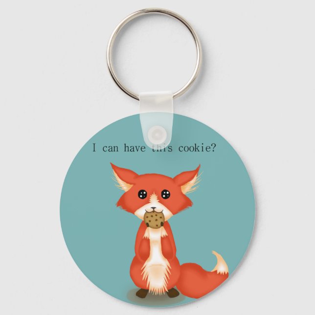 Cute Big Eyed Fox Eating A Cookie Key Ring (Front)
