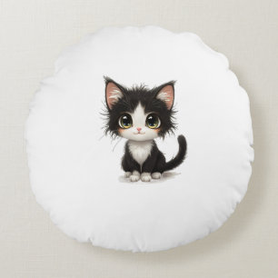 Cute Big‑Eyed Kitten – Chibi Black & White Cat Round Cushion
