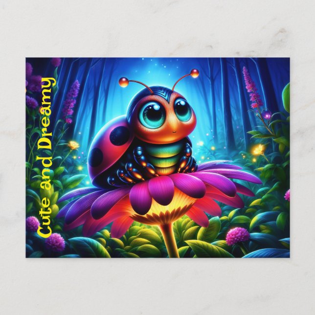 Cute big-eyed Ladybug with a mystical glow Postcard (Front)