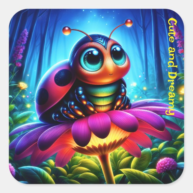 Cute big-eyed Ladybug with a mystical glow Square Sticker (Front)