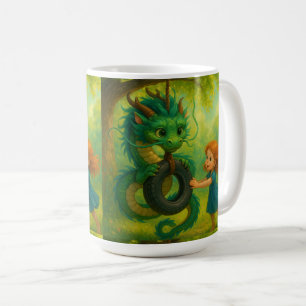 Cute Big Eyed Oriental Dragon and Girl Fantasy Art Coffee Mug