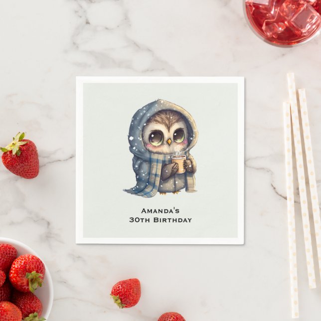 Cute Big-Eyed Owl Holding a Coffee Birthday Napkin (Insitu)