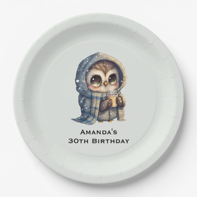 Cute Big-Eyed Owl Holding a Coffee Birthday Paper Plate (Front)