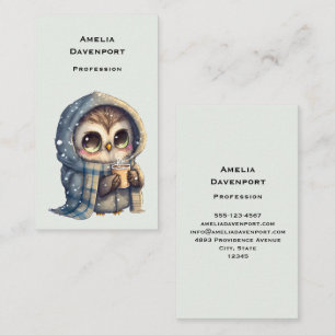 Cute Big-Eyed Owl Holding a Coffee Business Card