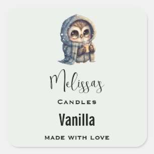 Cute Big-Eyed Owl Holding a Coffee Candle Business Square Sticker