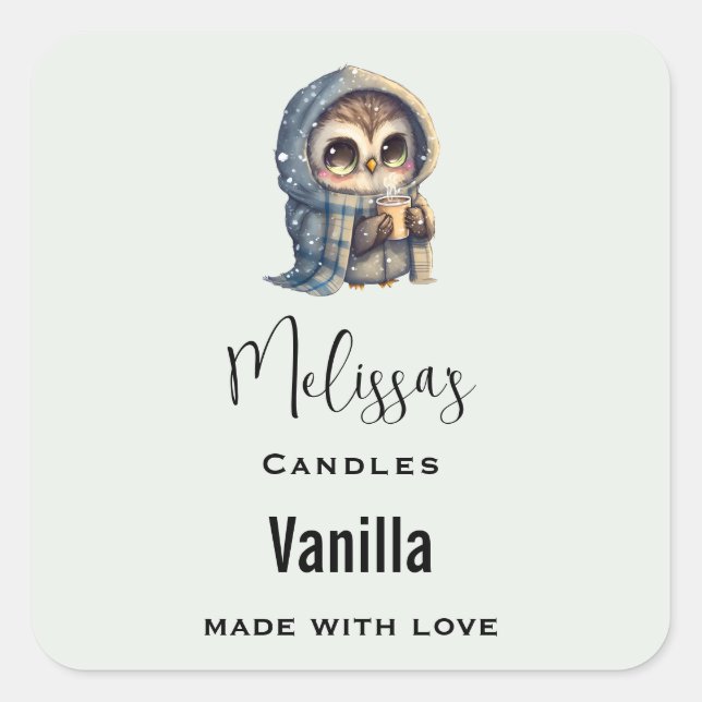 Cute Big-Eyed Owl Holding a Coffee Candle Business Square Sticker (Front)