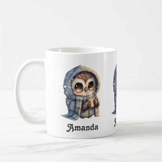Cute Big-Eyed Owl Holding a Coffee -  Coffee Mug (Left)