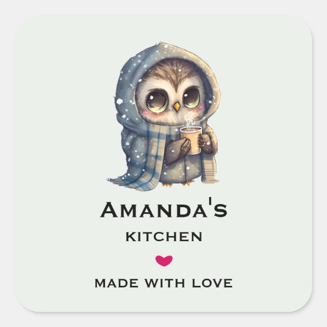 Cute Big-Eyed Owl Holding a Coffee Kitchen Square Sticker (Front)