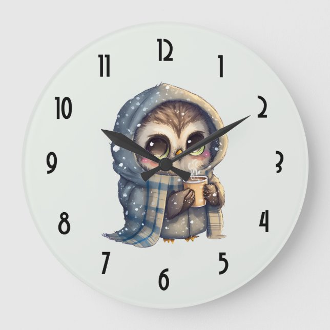 Cute Big-Eyed Owl Holding a Coffee Large Clock (Front)