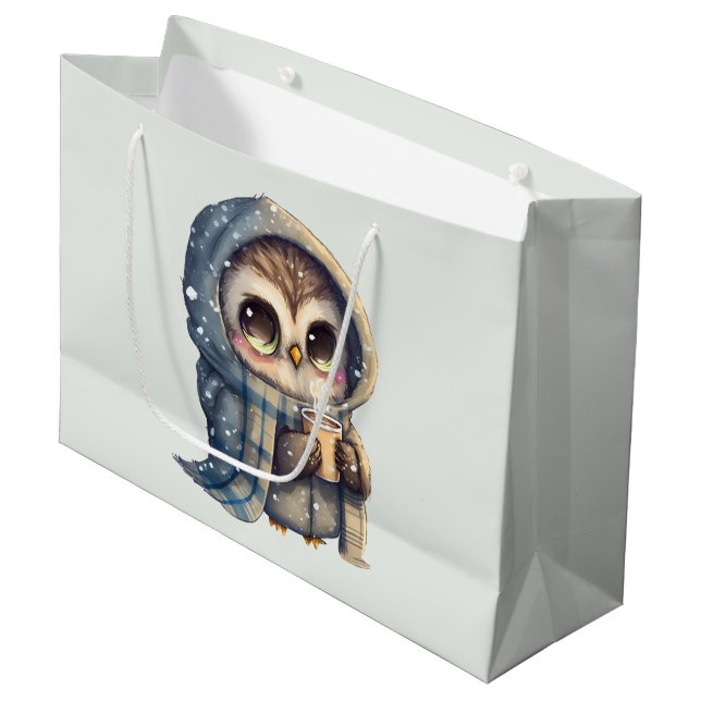 Cute Big-Eyed Owl Holding a Coffee Large Gift Bag (Front Angled)