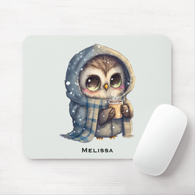 Cute Big-Eyed Owl Holding a Coffee Mouse Mat (With Mouse)