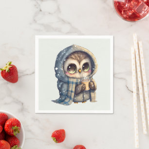 Cute Big-Eyed Owl Holding a Coffee Napkin