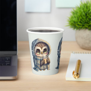 Cute Big-Eyed Owl Holding a Coffee -  Paper Cups