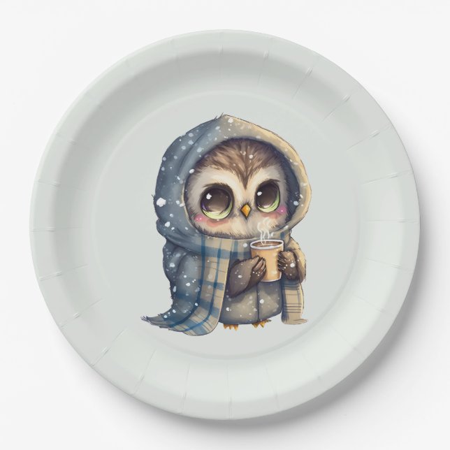 Cute Big-Eyed Owl Holding a Coffee Paper Plate (Front)